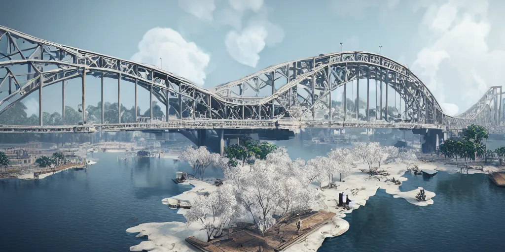 Image similar to explosions in the form of realistic white cotton plants on harbour bridge, huge white cotton everywhere on the destroyed harbour bridge, smooth, sharp focus, highly detailed, 3 d octane render, epic lighting, lots of white cotton, 8 k, by goro fujita