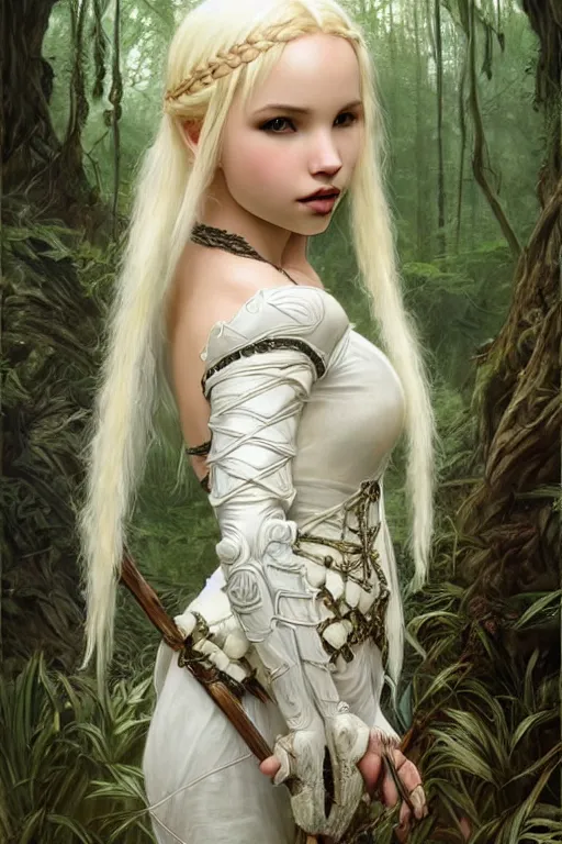 Prompt: gothic white - mage blonde braided hair dove cameron wearing ivory carved bone armor in the forest, green plants, fantasy character portrait, ultra realistic, intricate, elegant, highly detailed, digital painting, artstaion, concept art, smooth, sharp, focus, illustration, art by artgerm and greg rutkowski and alphonse mucha