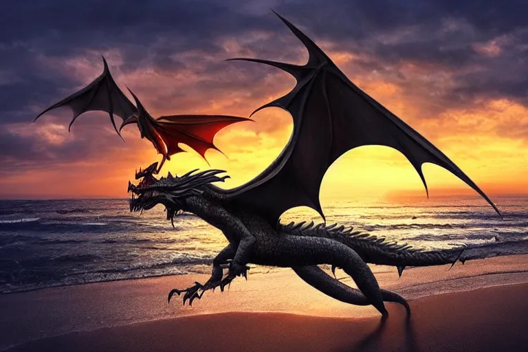 Prompt: beautiful occult dragon flying over the sunset on a beach, trending on Artstation, visually stunnning, matte painting, award-winning