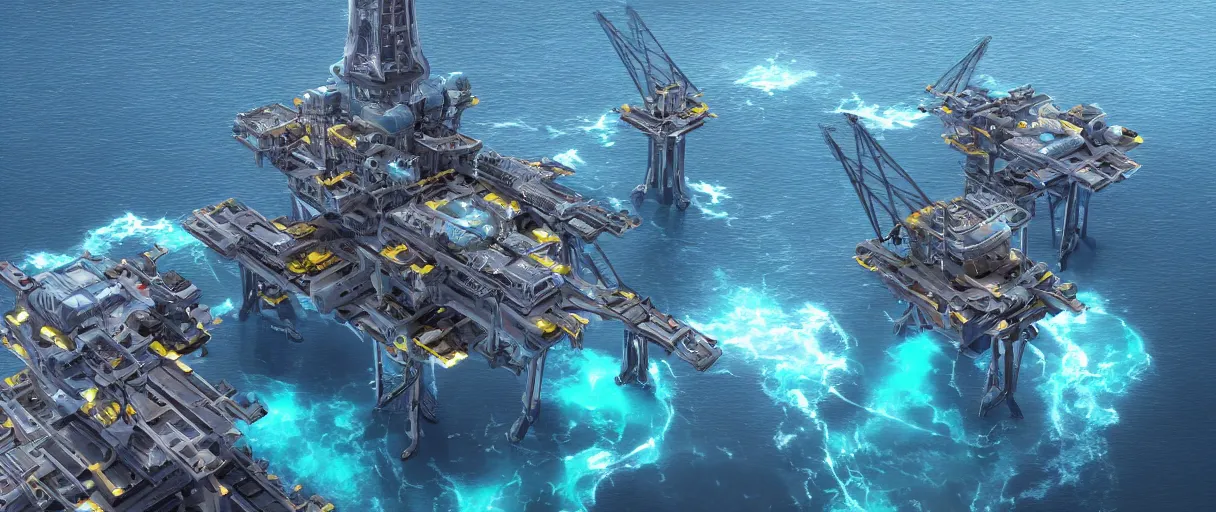 Image similar to futuristic oil rigs on the ocean, sci fi, artstation, detailed render, high quality, 8k