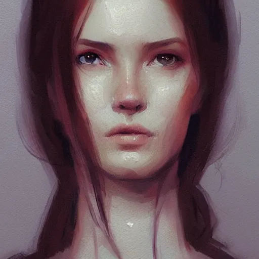 Prompt: Portrait of a woman by Greg Rutkowski, she is about 20 years old, brown long and straight hair, pretty oval face, attractive, sharp lines, Artstation HQ