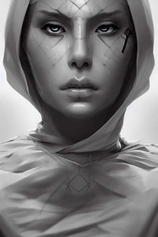 Image similar to a portrait of an lonely cyber nun, elegant, focus, detailed, realistic eyes, horizontal partial symmetry features proportions, intricate facial details, cybertech, award winning, trending in cgsociety artstation deviant art