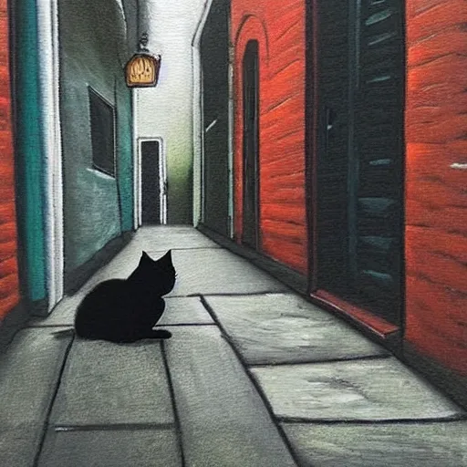 Image similar to A lonely black cat in the middle of an alleyway 🎨🖌️