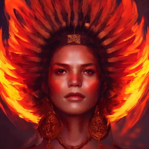 Image similar to a beautiful portrait of a fire goddess by Greg Rutkowski and Raymond Swanland, Trending on Artstation, Flaming Background, ultra realistic digital art
