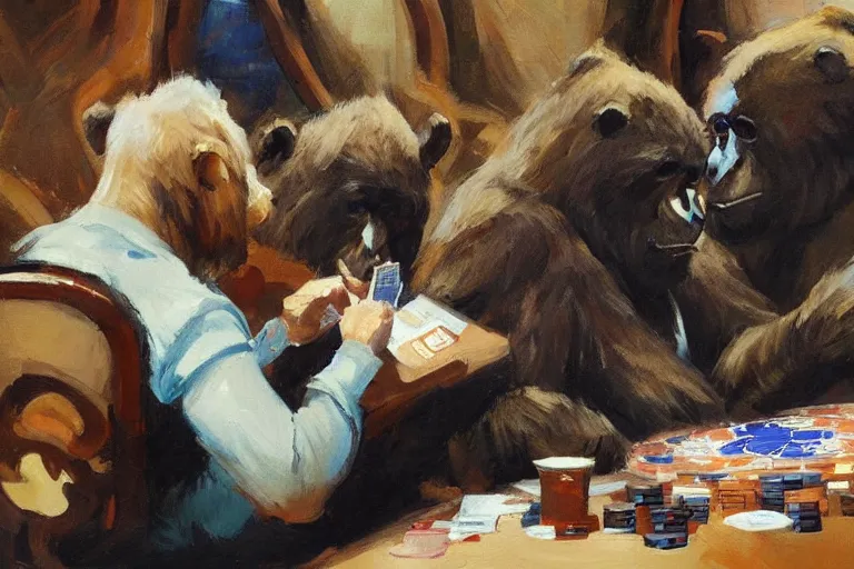 Image similar to 2 animals, gorrila, bear, playing poker highly detailed beautiful, by gregory manchess, james gurney, james jean