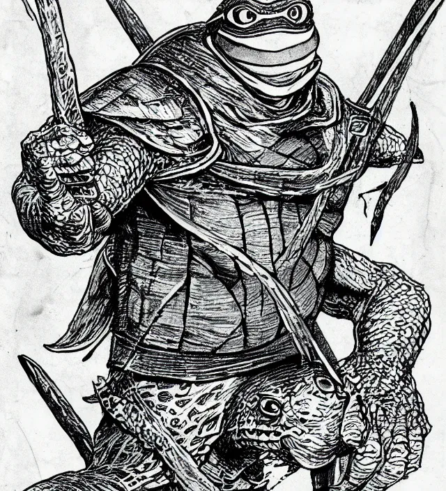 Image similar to Raphael the Ninja Turtle from the Dungeons and Dragons Monster Manual, line art illustration, 1981, high detail