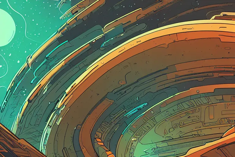 Image similar to concept art of an epic spiral galaxy in style of dan mumford and laurie greasley by james gilleard, very detailed, clean lines, atmospheric, vivid, wide angle