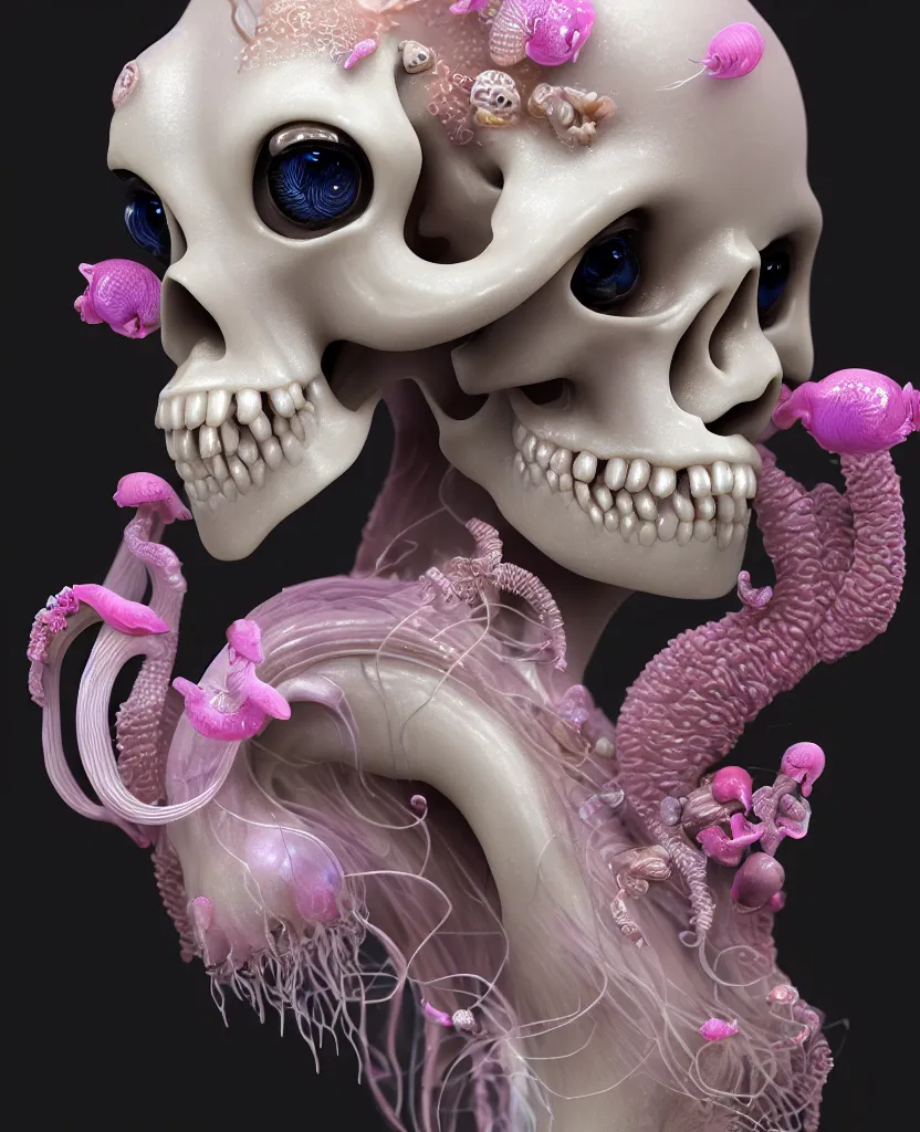 Image similar to goddess princess beautiful face close-up portrait ram skull plasticine sculpture. jellyfish phoenix head, nautilus, orchid, skull, betta fish, bioluminiscent creatures, intricate artwork by Tooth Wu and wlop and beeple. octane render, trending on artstation, greg rutkowski very coherent symmetrical artwork. cinematic, hyper realism, high detail, octane render, 8k