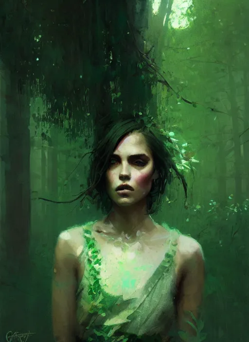 Image similar to outdoor portrait of a beautiful girl, shades of green, beautiful face, rule of thirds, intricate outfit, spotlight, by greg rutkowski, by jeremy mann, digital painting