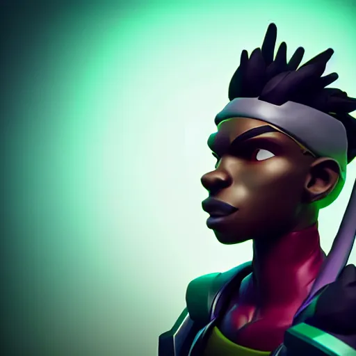 Image similar to Photo of Ekko from League of Legends, profile pose, bust shot, high detail, studio, fantasy, octane 3D, ominous background, sharp telephoto lens, in the style of Pixar