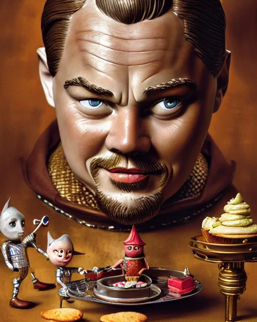 Image similar to highly detailed closeup, face profile portrait of a tin toy leonardo dicaprio as a medieval goblin eating cakes in a castle, hyper realistic, artstation, illustration, nicoletta ceccoli, mark ryden, lostfish, dan decarlo, bob clampett, max fleischer, digital paint, matte paint, vivid colors, detailed and intricate environment