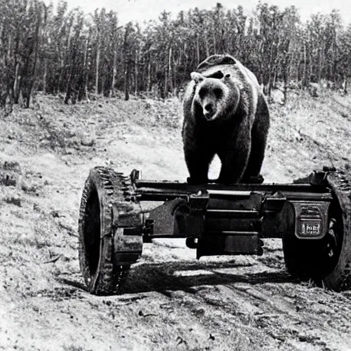 Prompt: a picture of a giant bear pulling a towed canon on wheel behind his back, eastern front, ww 2, historical picture