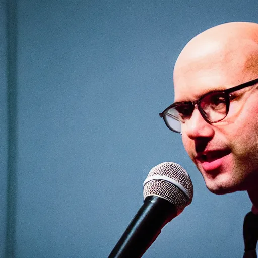 Prompt: photograph of bald man holding a microphone while giving a talk at a large conference