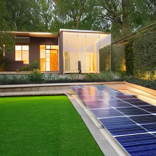 Prompt: house futurist, solar panel, amazing yard, trending design