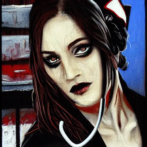 Prompt: a modern painting of a nurse vampire, in the style of tim bradstreet, sharp focus, realism, smooth, intricate detail