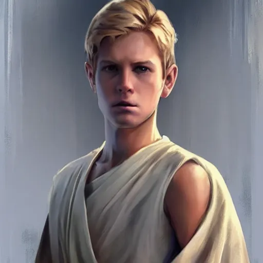 Image similar to a young blonde male jedi with short hair looking away at a threat full body shot concept art by Doug Chiang cinematic concept art, realistic painting, high definition, digital art, matte painting, symmetrical, very detailed, realistic, dramatic lighting, cinematic, establishing shot, extremely high detail, photo realistic, cinematic lighting, post processed, concept art, artstation, matte painting, red color scheme