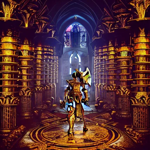 Image similar to female Knights of Zodiac , wings, ornate cyberpunk armor, ornate cyberpunk interior, ruins, cyberpunk cathedral, fighting at ancinet Agora of Athens,Golden Light, Cathedral, 8K, trending on artstation, volumetric light, lightrays, smoke, cinematic, atmospheric, insanely detailed and intricate, hypermaximalist, elegant, ornate, luxury, elite, painted by artstation, super detailed, face details trending on artbreeder, golden ratio