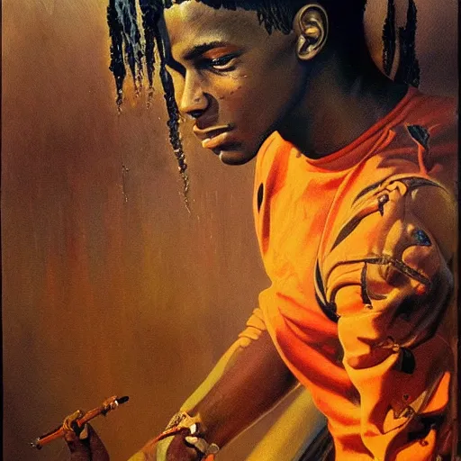 Image similar to a painting of wizkid by bruce pennington.