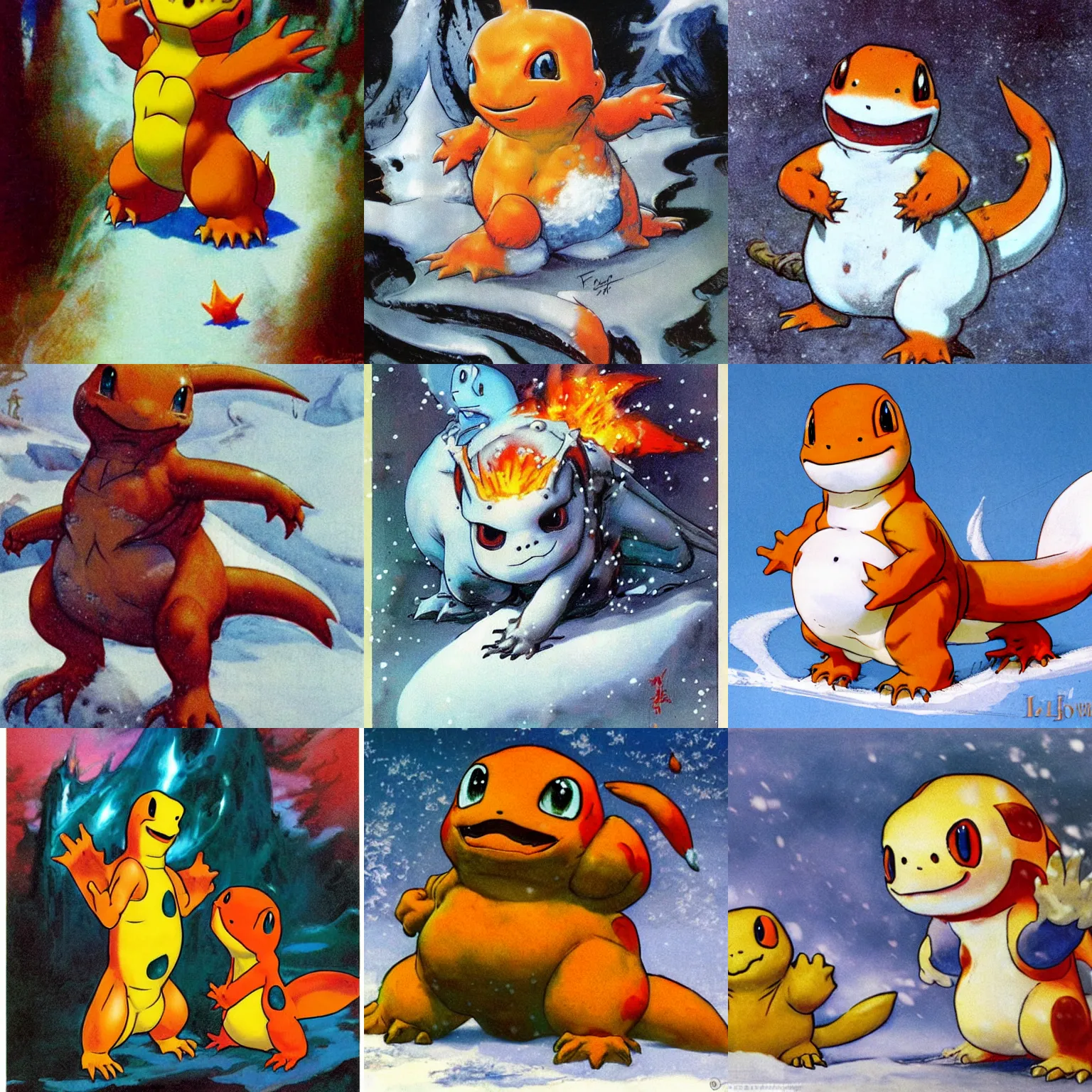 Prompt: snow charmander by Frank Frazetta, style of Yoshitaka Amano