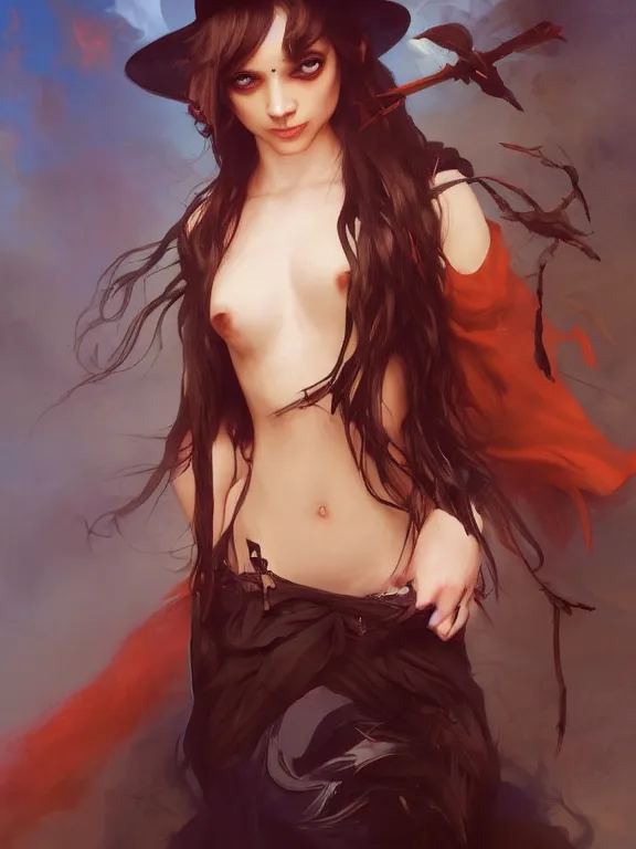 Image similar to Full shot of a mischievous young witch about to get up to some trouble. Latin American fashion. Black and Orange palette. Latina girl. brown skin. Symmetrical facial features. By Ruan Jia and Artgerm and Range Murata and WLOP and Ross Tran and William-Adolphe Bouguereau. Key Art. Fantasy Illustration. award winning, Artstation, intricate details, realistic, Hyperdetailed, 8k resolution.