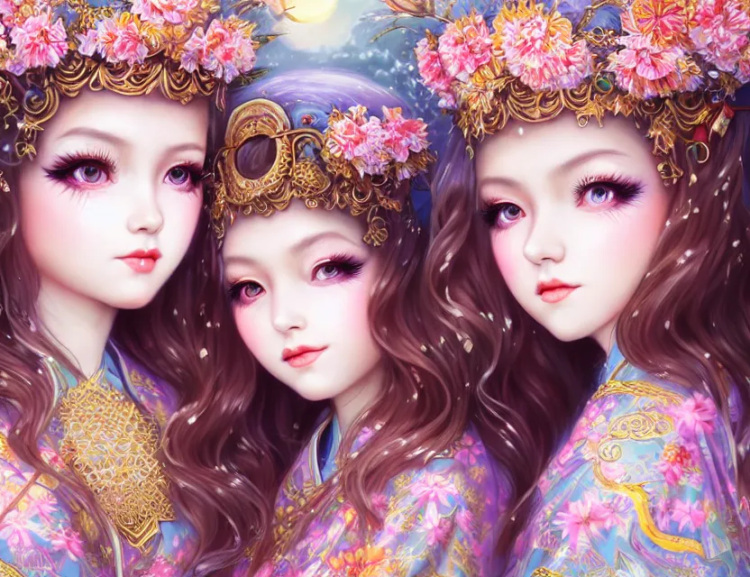 Image similar to two beautiful fashion siberian girls wear fantasy kimono in festival | | big eyes, sunny, dreamlike art, realistic shaded, smile, good looking, hyper details, 4 k realistic, cryengine, realistic shaded lighting poster by artgerm, ross tran, fuji choko, loish, 8 k resolution, trending on artstation, luxury