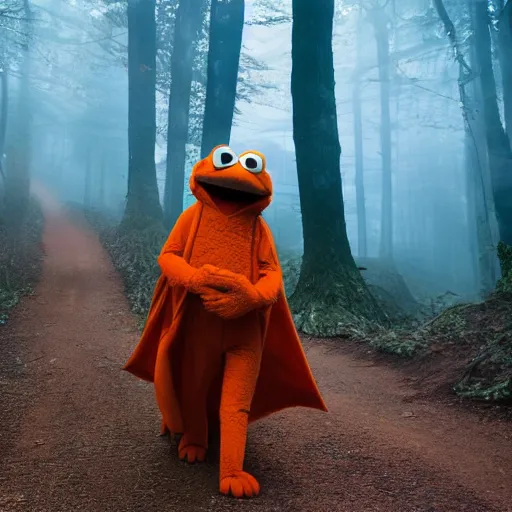 Prompt: a large orange kitsune muppet wearing a dark hooded cloak and herding a bunch of random muppet animals following behind through a dark foreboding misty blue forest, sesame street, photograph, photography, ultrarealistic, national geographic