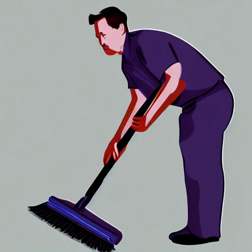 Prompt: a janitor using elon musk as a broom to clean the floor of a dirty empty planet, digital art, trending, award - winning, cinema