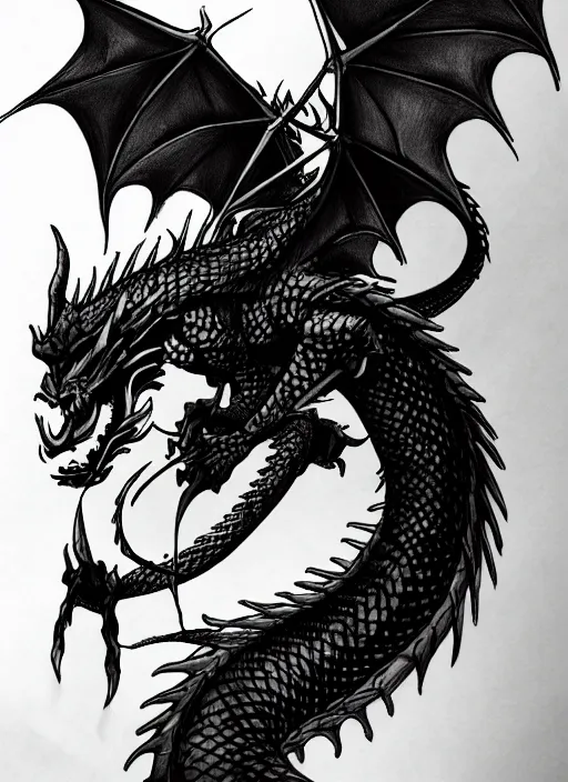 Image similar to dragon, sketch tattoo, dark, black theme, japan style, highly detailed, masterpiece, trending on artstation, golden ratio, cinematic romantic magical, perfect intricate