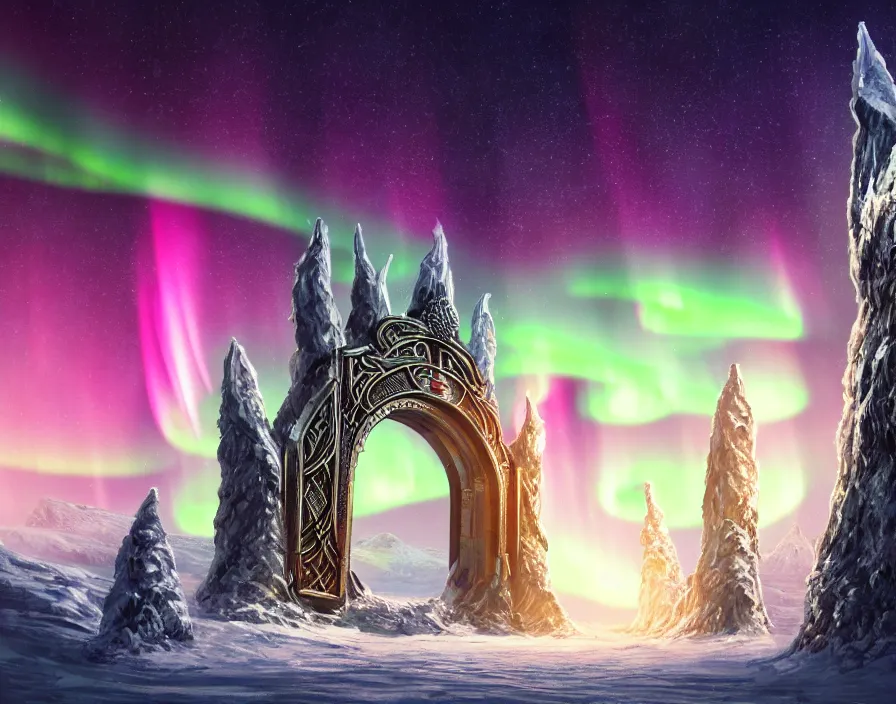 Image similar to a very detailed concept art of intricate and well designed asgard gates to north pole, infused with aurora borealis, dynamic lighting, trending on artstation, path traced, highly detailed, high quality, digital art, 4 k, hyper realistic, octane render, sharp focus