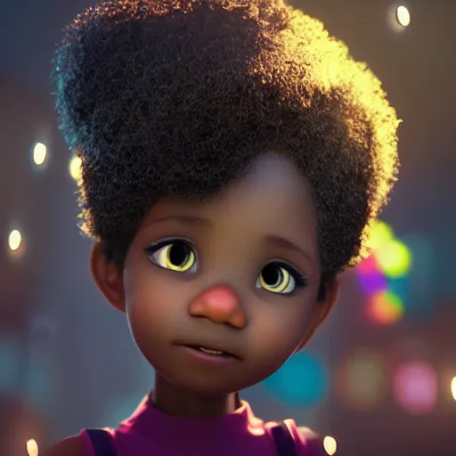 Image similar to stunning, coherent, impressive, detailed still of happy black little girl in school, follow shot, 3d, in the style of pixar, comic book style, 3d, highly detailed, sharp focus, bokeh, depth of field, 16k resolution, Unreal Engine 5, coherent, cinematic lighting, photorealistic, by Zhang Jingna