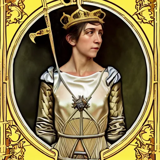 Image similar to portrait of charlotte gainsbourg as joan of arc, hyperreal digital painting, iconography influenced by alphonse mucha and eugene delacroix, arstation and deviantart trends, high resolution 8 k