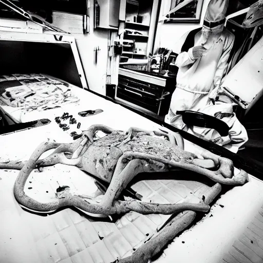 Prompt: photo of an autopsy on spongebob, black and white, wide angle