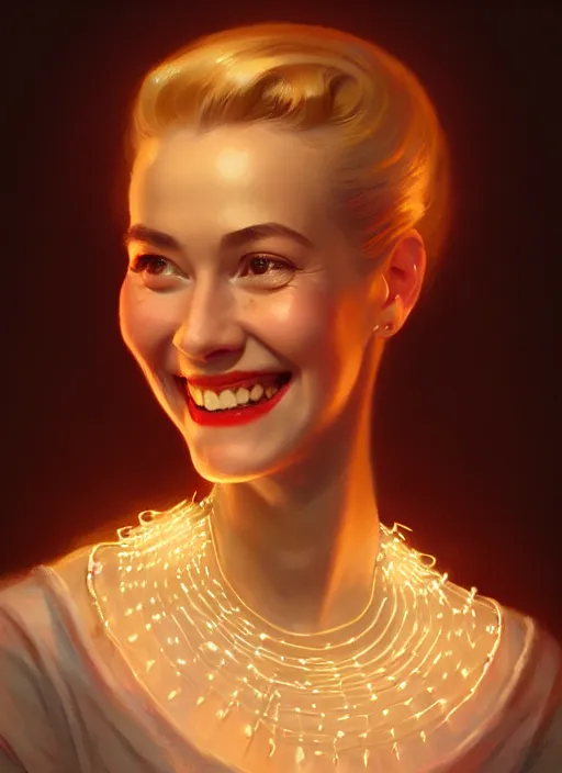 Image similar to portrait of betty cooper, smiling kindly, 1 9 5 0 s, intricate, elegant, glowing lights, highly detailed, digital painting, artstation, concept art, smooth, sharp focus, illustration, art by wlop, mars ravelo and greg rutkowski