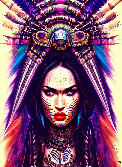 Prompt: portrait of megan fox, hyper detailed ultra sharp aztec shaman warrior. trending on artstation, warpaint aesthetic, bloodwave, colorful, psychedelic, ornate, intricate, digital painting, concept art, smooth, sharp focus, illustration, art by artgerm and greg rutkowski and h. r. giger, 8 k