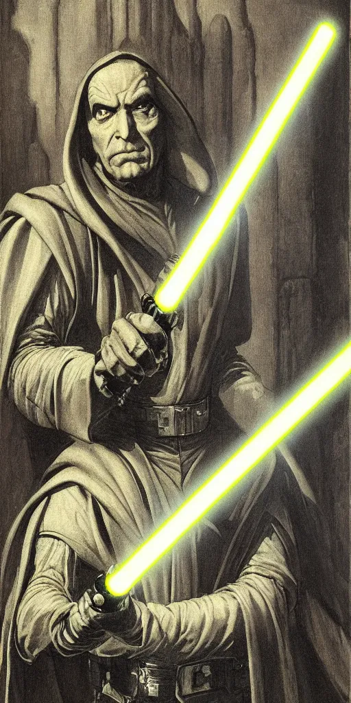 Prompt: portrait of a renaissance sith lord holding a lightsaber a by franklin booth