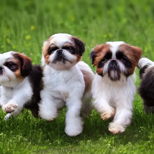 Prompt: a pack of young shih tzu puppies play in a field, Lots of lighting 8k photo