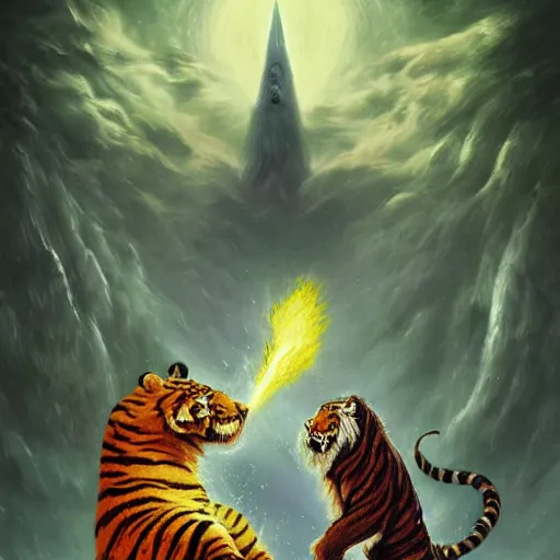 Image similar to A Wizard battling a Tiger, Photo Credit: National Geographic, by MotG digital painting by R.J. Palmer; by Anato Finnstark