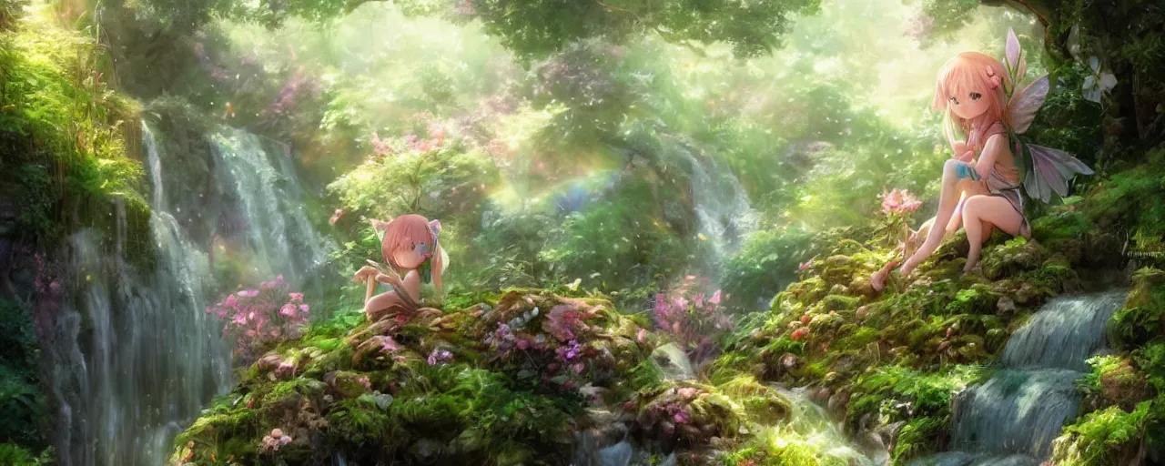 Prompt: adorable forest fairy in garden near waterfall and rainbow during a spring day, chibi, anime, highly detailed, digital painting, artstation, concept art, smooth, sharp focus, illustration, art by yee chong and sydney hanson and rossdraws and greg rutkowski