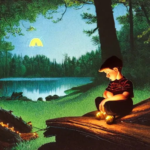 Prompt: a scenic view of a black boy sitting on a log in the middle of a magical forest with glow-worm lights near a lake, detailed, cinematic, dramatic scene, retro illustration by Norman Rockwell.
