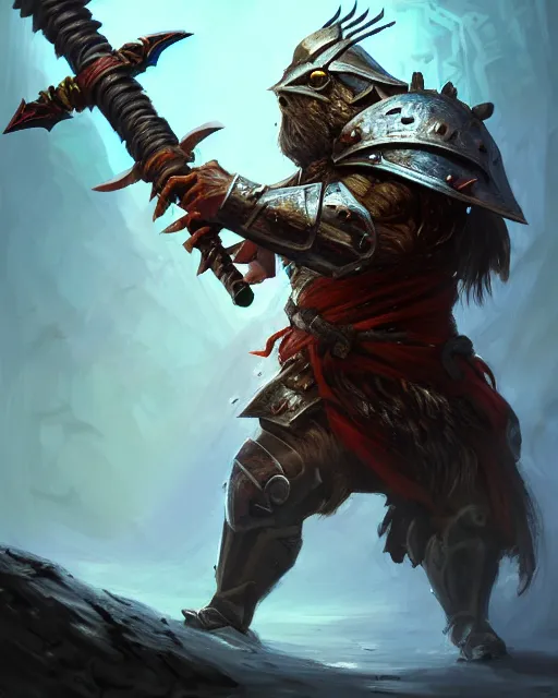 Image similar to Huge guinea pig warrior in armor holding a two-handed battle axe, portrait, woodlands, magic the gathering artwork, D&D, fantasy, cinematic lighting, centered, symmetrical, highly detailed, digital painting, artstation, concept art, smooth, sharp focus, illustration, volumetric lighting, epic Composition, 8k, art by Akihiko Yoshida and Greg Rutkowski and Craig Mullins, oil painting, cgsociety