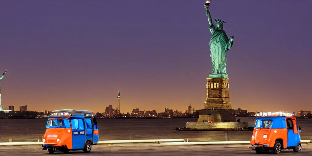 Image similar to a lonely blue tuk tuk with the statue of liberty in the background, night