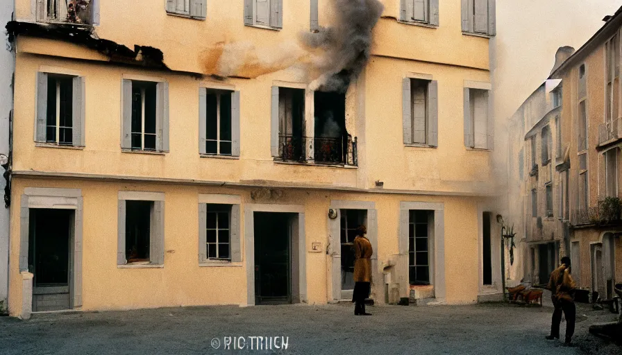 Image similar to 1 9 6 0 s movie still of a burning french style townhouse in a small french village, cinestill 8 0 0 t 3 5 mm technicolor, high quality, heavy grain, high detail, dramatic light, ultra wide lens, panoramic, anamorphic, flares