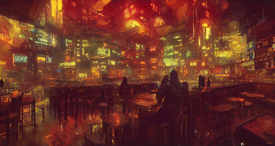 Image similar to cyberpunk bar interior, intricate, elegant, vivid colors, highly detailed, john park, craig mullins, sparth, ruan jia, jeffrey catherine jones