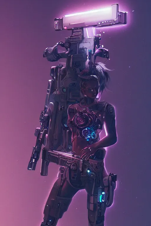 Prompt: beautiful illustration of a cyborg mercenary girl holding a rifle, art by wlop, artgerm, liam wong, upper body, cyberpunk, neon, elegant, highly detailed, trending on artstation, sharp focus, caustics, octane render, radiant light, 4 k