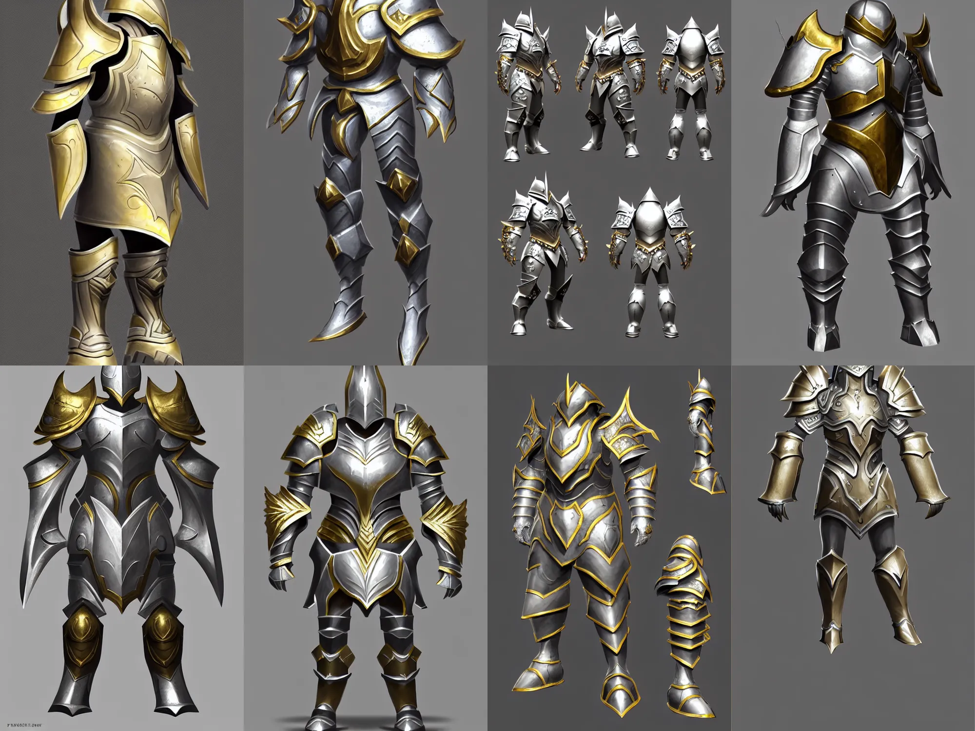 Prompt: concept art of heavy fantasy armor, silver with gold trim, extremely clean, exaggerated proportions, trending on polycount, fantasy game art