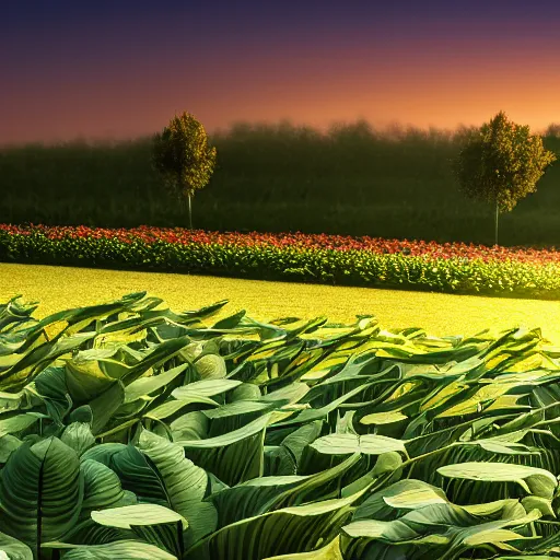 Prompt: matte painting field of hostas, monsteras, diefenbachias at sunset, vibrant by Edward Hopper and Mikko Lagerstedt