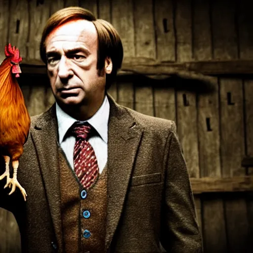 Image similar to saul goodman and a rooster in a medieval torture chamber, saw blades and knives in the background, horror movie, saul goodman, rooster!!!!!, real life photo, detailed face