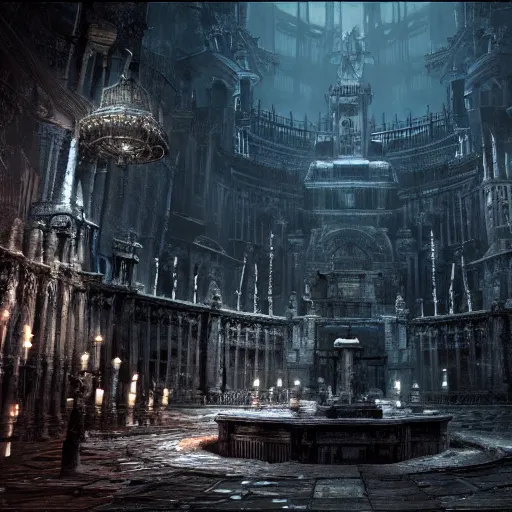 Image similar to a stunning screenshot of an underground city in Bloodborne, masterpiece, hyper-detailed