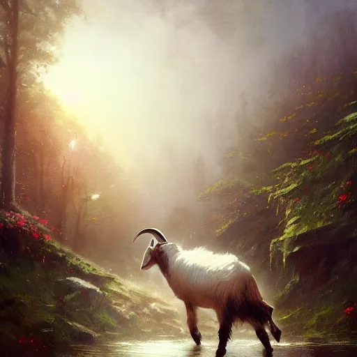 Prompt: a goat dancing break dance by greg rutkowski and thomas kinkade, trending on artstation, 3 d art station