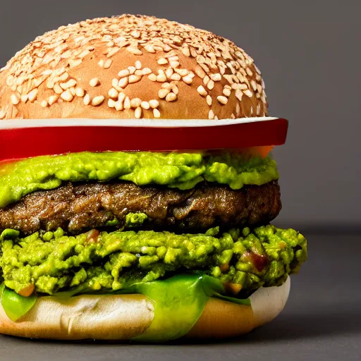 Image similar to juicy vegan hamburger topped with guacamole, fried onion and a fried egg, crispy buns, 8 k resolution, professional food photography, studio lighting, sharp focus, hyper - detailed